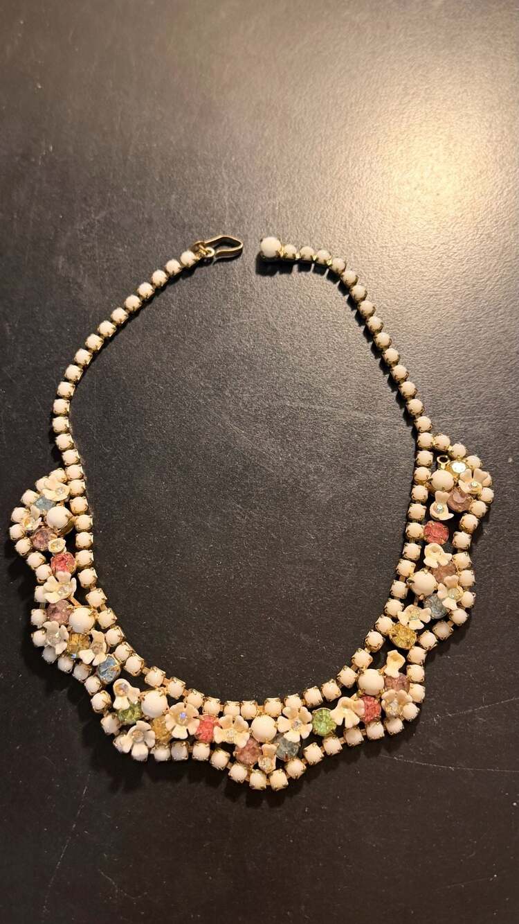 Vintage Pastel Rhinestone Floral Bib Necklace